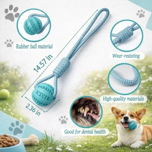 Interactive Dog Toy for Small & Medium Dogs, Durable Tug of War Rope with Rubber Ball for Training & Outdoor Play (Blue)