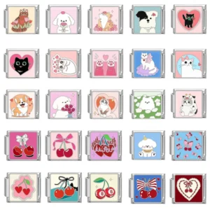 Cartoon Cute Cats Dogs Flowers Cherry Heart Italian Charm Links Fit 9mm Stainless Steel Bracelet Men Women DIY Making Jewelry