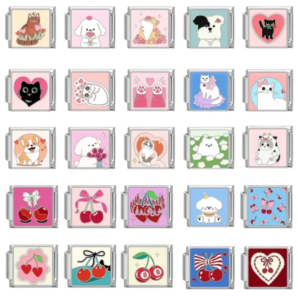 Cartoon Cute Cats Dogs Flowers Cherry Heart Italian Charm Links Fit 9mm Stainless Steel Bracelet Men Women DIY Making Jewelry