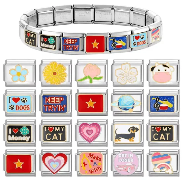 LOVE Heart Flowers Daisy Dogs Cow Star Planet Italian Charm Links Fit 9mm Stainless Steel Bracelet DIY Making Gifts