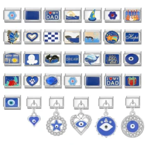 Blue Zircon Devil Eyes Flowers Butterfly Cat Whale Heart Italian Charm Links Fit 9mm Stainless Steel Bracelet Women DIY Making