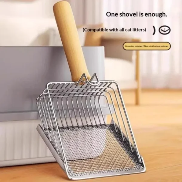 Cat Litter Shovel Non-rust Metal Scoop with Comfort Wood Handle Hook Portable Pet Litter Cleaning Tool for Home Travel